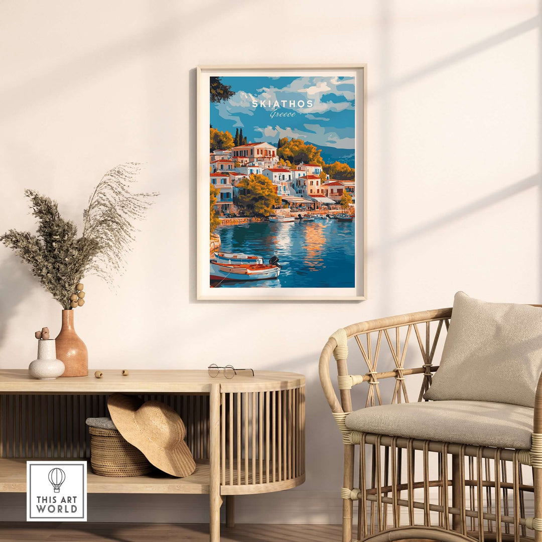 Skiathos Dreams art print showcasing vibrant Greece coastal scenery, ideal for home or office decor.