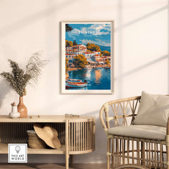Skiathos Dreams - Timeless Greece Art Print framed in a stylish room with a cozy chair and decor.