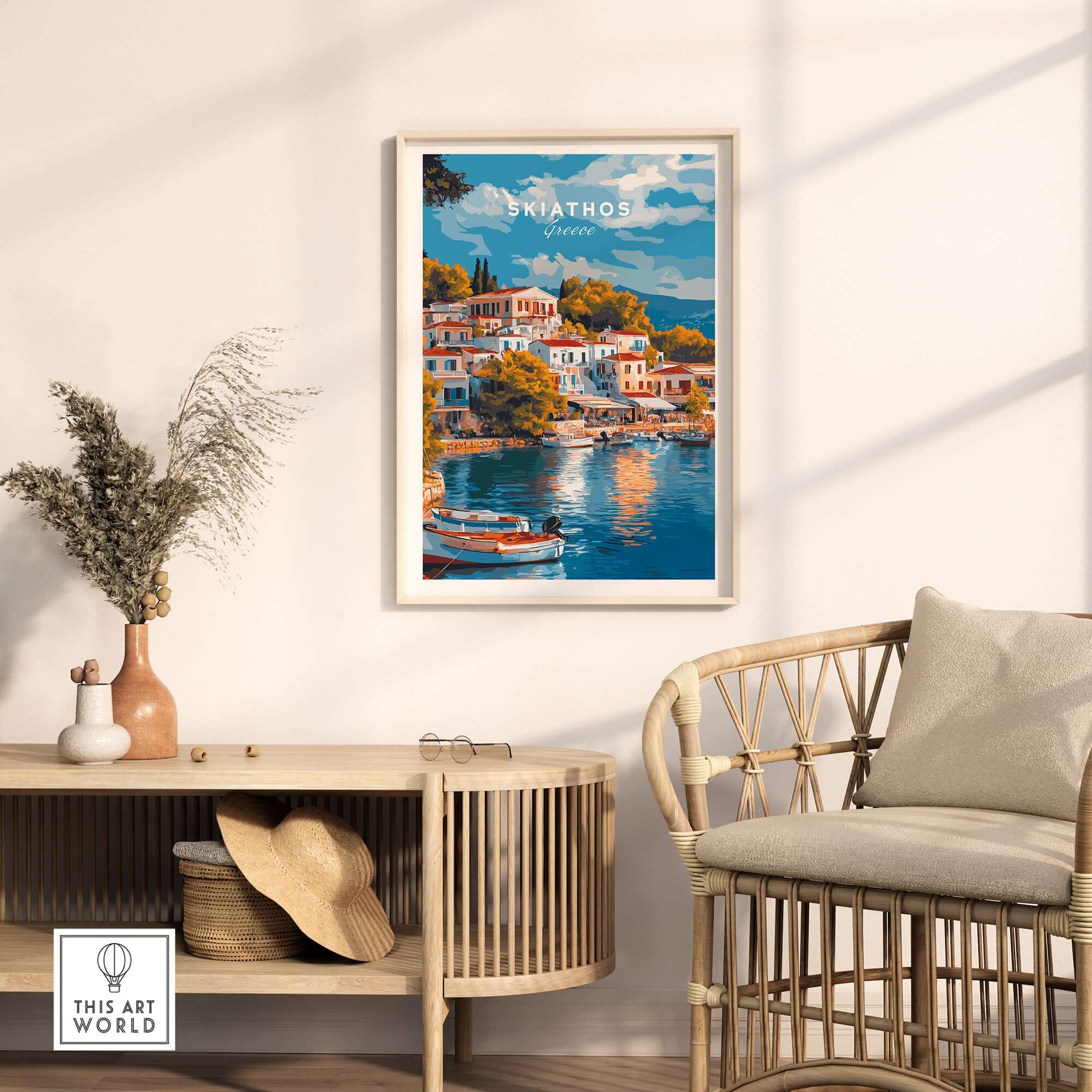 Skiathos Dreams - Timeless Greece Art Print framed in a stylish room with a cozy chair and decor.