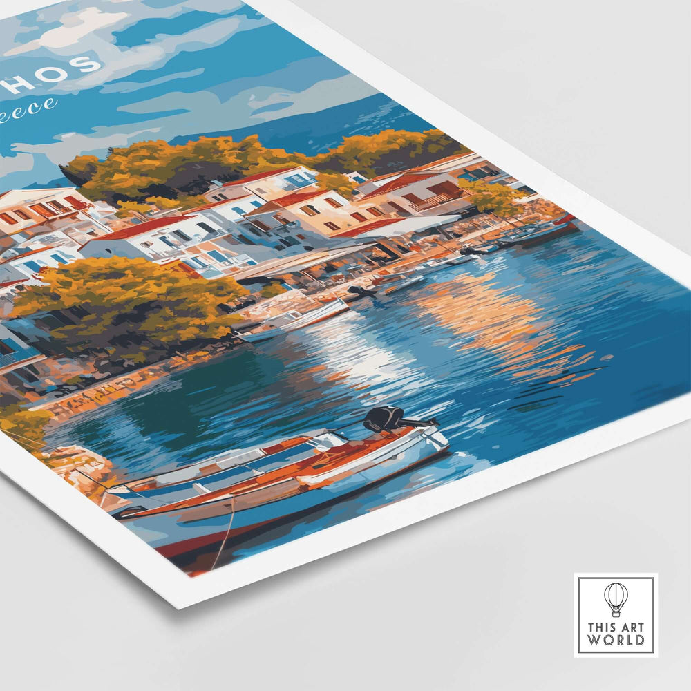 Skiathos Dreams art print showcasing serene Greek coastal village and boats on tranquil waters.