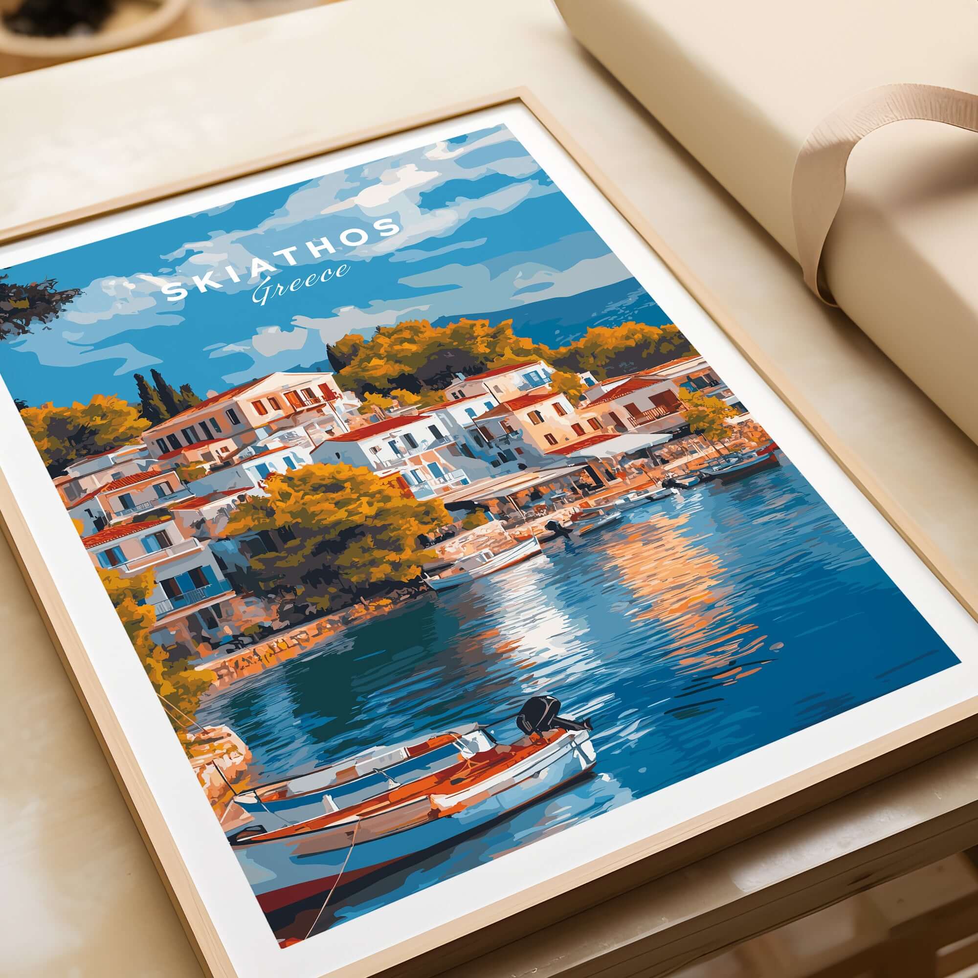 Skiathos Dreams - Timeless Greece Art Print showcasing vibrant coastal scene of Skiathos, Greece with framed poster.