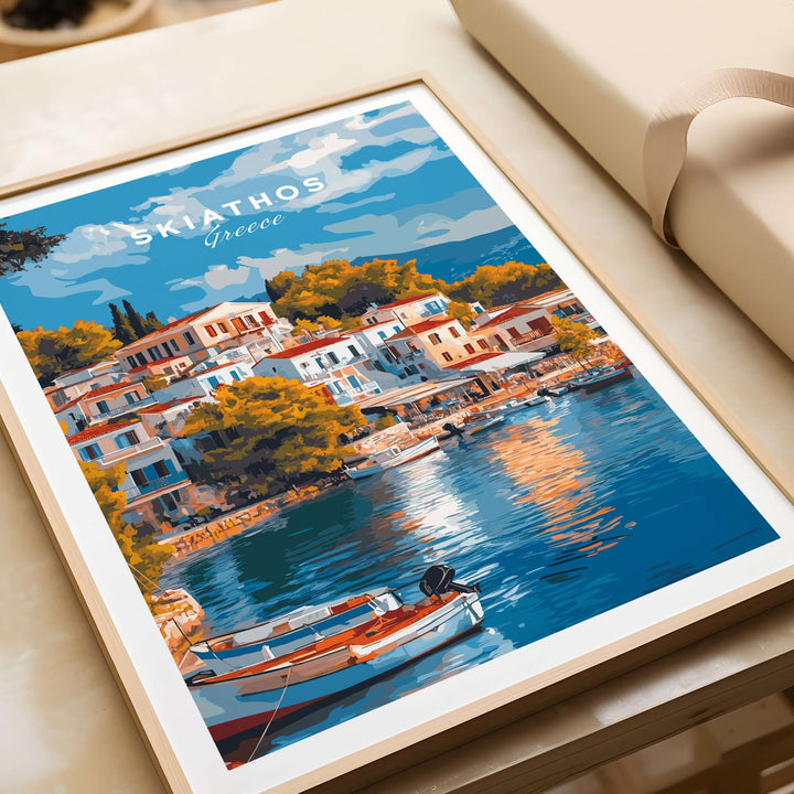 Skiathos Dreams art print featuring picturesque houses and boats reflecting on tranquil waters of Greece.