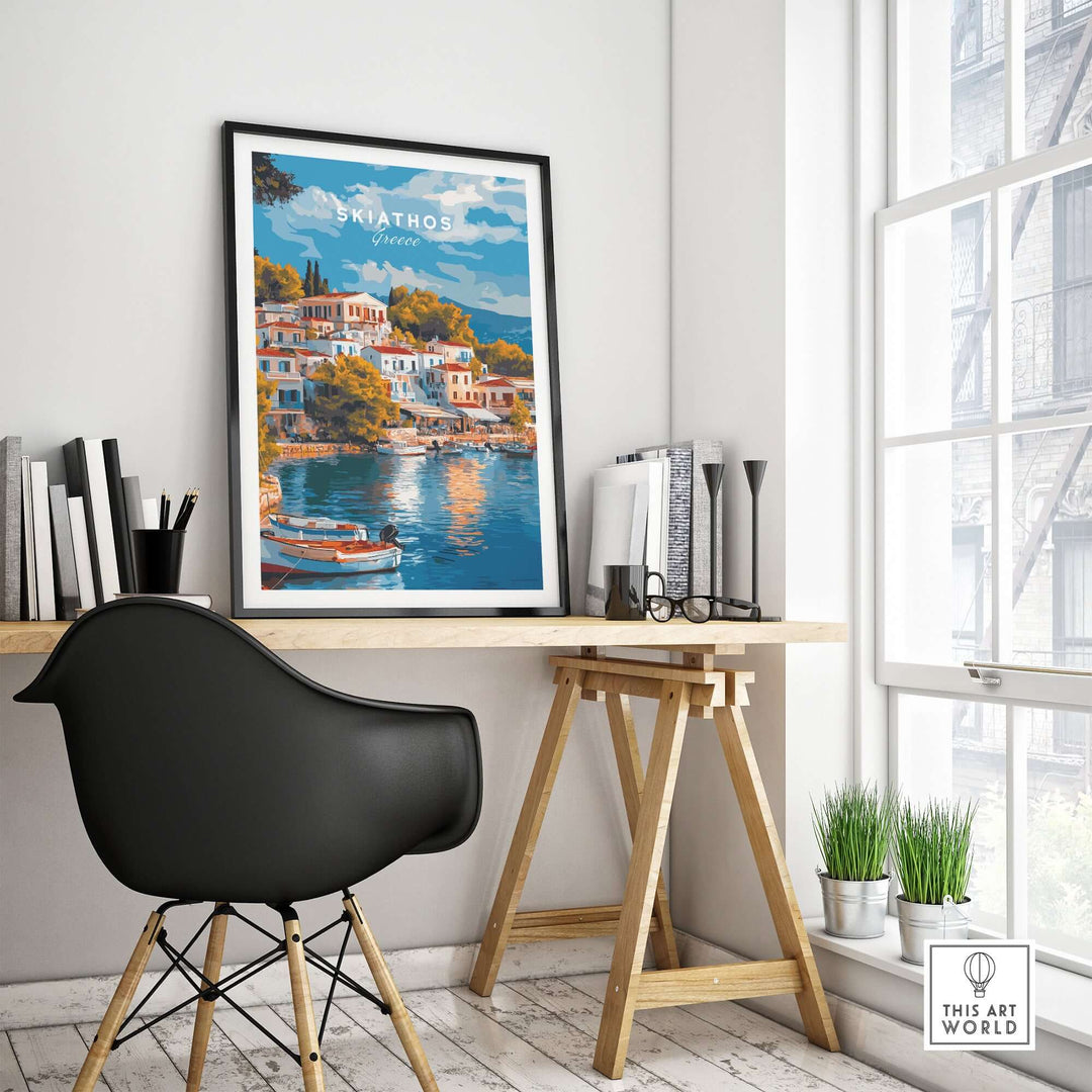 Skiathos Dreams art print displayed in a modern office space, capturing Greece's beauty and tranquility.