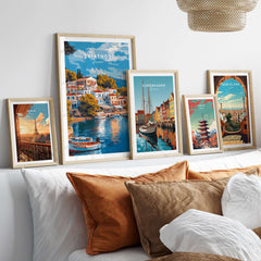 Skiathos Dreams - Timeless Greece Art Print displayed among other travel posters in a modern decor setting.