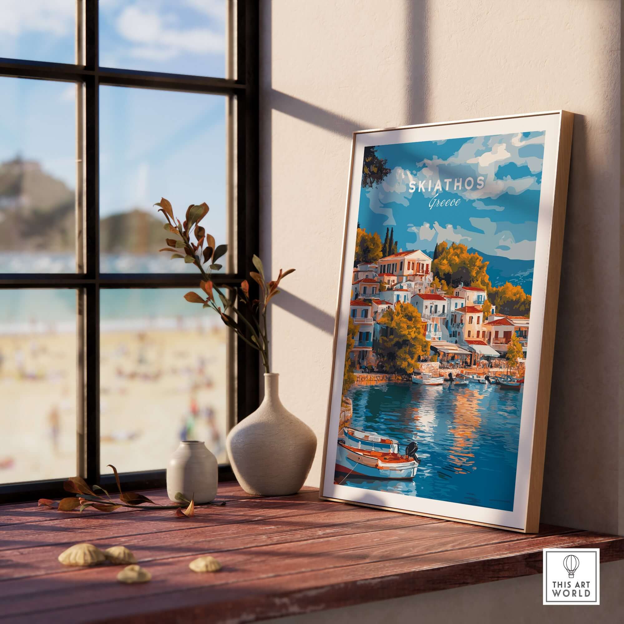 Skiathos Dreams - Timeless Greece Art Print displayed in a cozy room with a beach view.