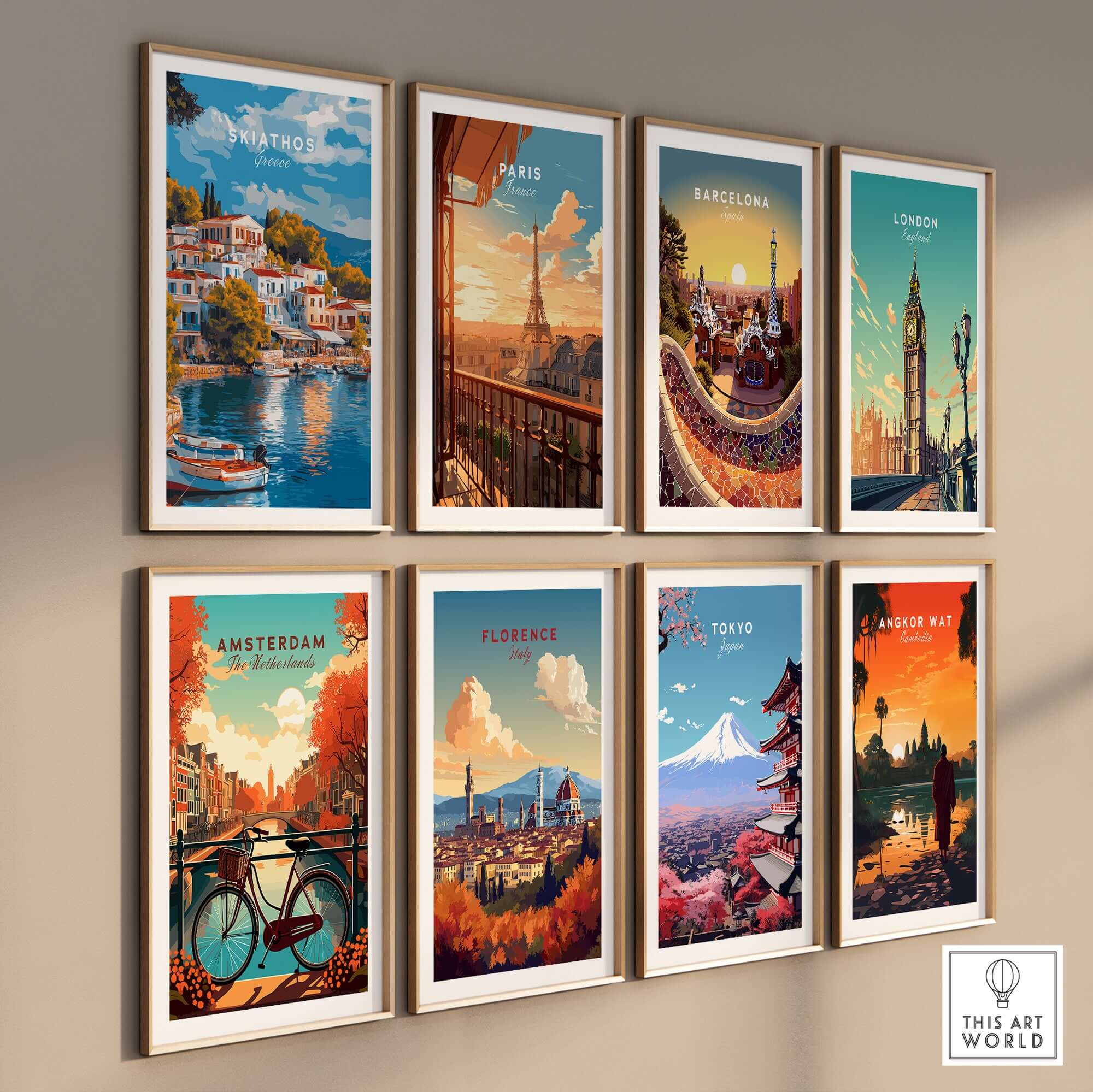 Skiathos Dreams - Timeless Greece Art Print showcased among various city posters, capturing iconic destinations.