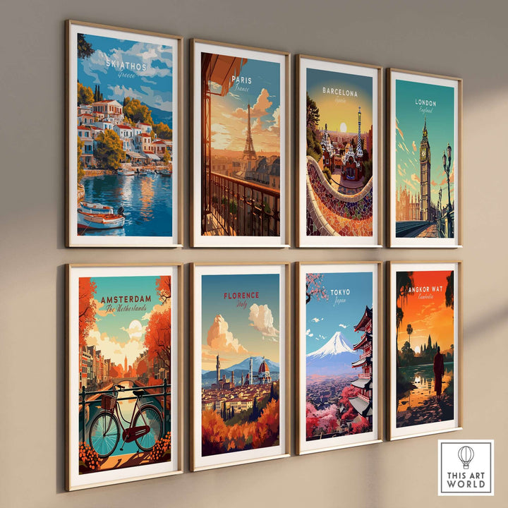 Collection of travel-themed art prints featuring Skiathos, Paris, Barcelona, London, Amsterdam, Florence, Tokyo, and Bangkok.