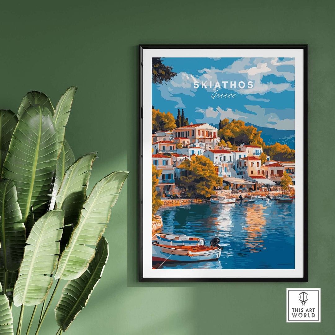 Skiathos Dreams art print showcasing the tranquil Greek coastline with colorful buildings by the water.