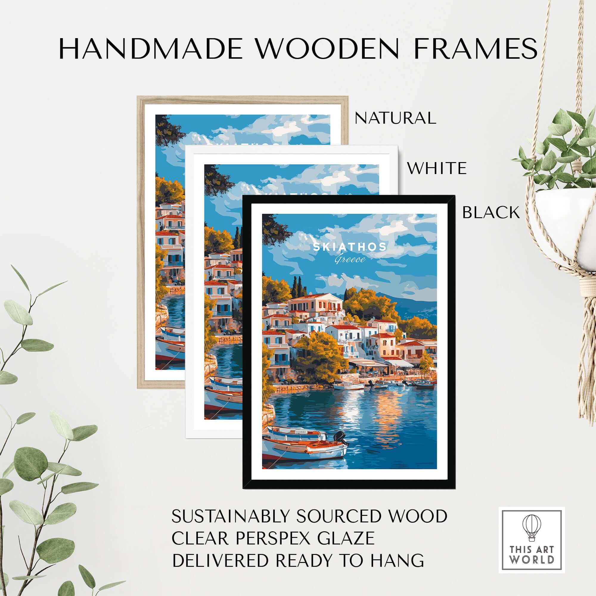 Handmade wooden frames in natural, white, and black for Skiathos Dreams - Timeless Greece Art Print, sustainably sourced wood.
