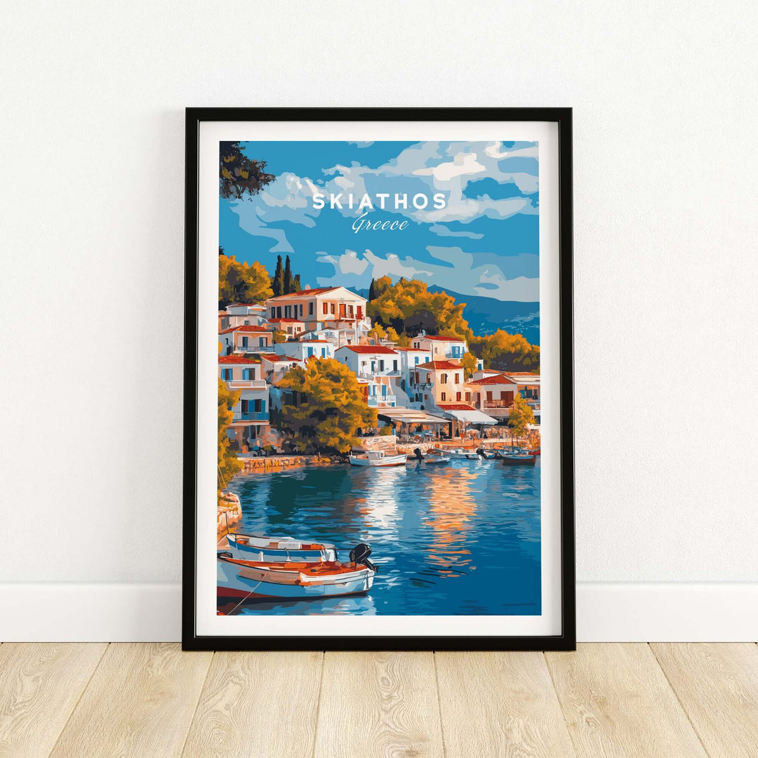 Skiathos Dreams art print featuring Greece's picturesque waterfront and colorful buildings, perfect for home decor.