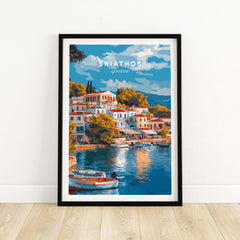 Skiathos Dreams - Timeless Greece Art Print of a serene harbor with colorful buildings and boats.