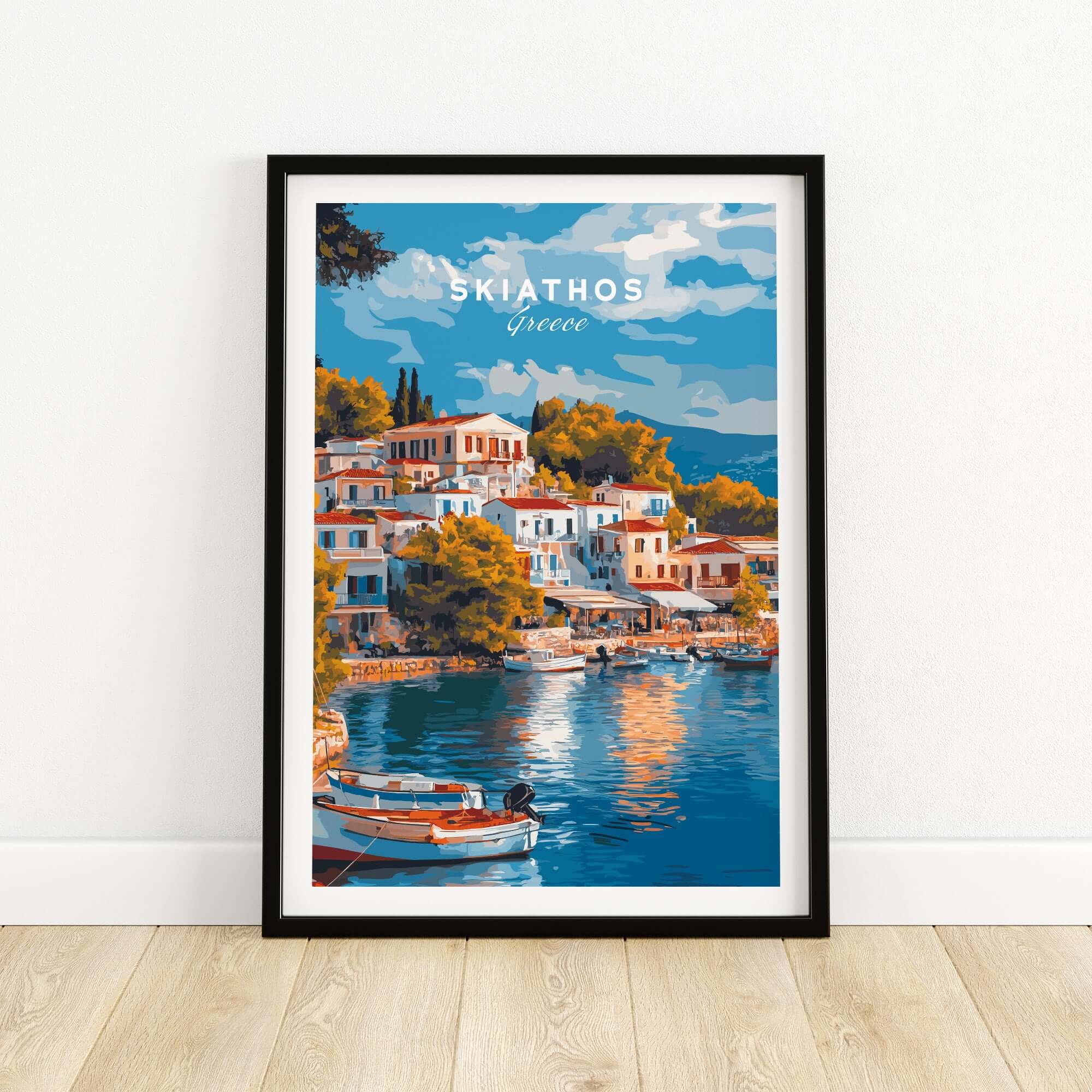 Skiathos Dreams - Timeless Greece Art Print of a serene harbor with colorful buildings and boats.