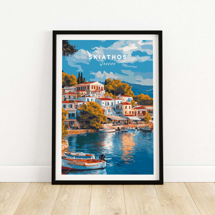 Skiathos Dreams art print featuring Greece's picturesque waterfront and colorful buildings, perfect for home decor.