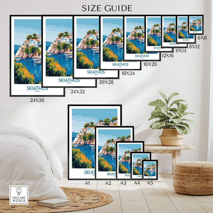 Size guide for Skiathos Escape Greece poster, showcasing various dimensions and design in a stylish home setting.