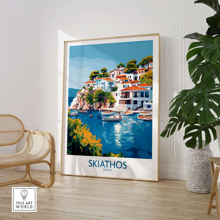 Skiathos Escape vintage Greece poster showcasing scenic coastline and colorful houses by the water.