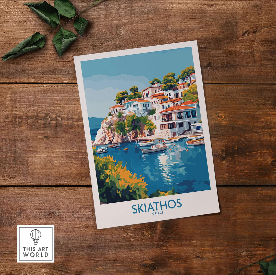 Skiathos Escape poster featuring colorful buildings by the sea, showcasing the beauty of Greece with boats on clear waters.