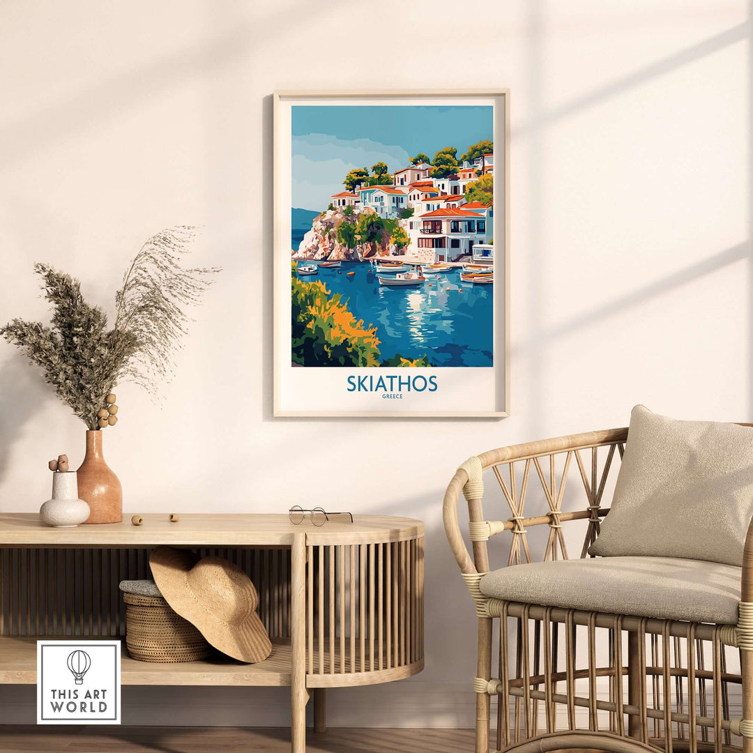 Skiathos Escape vintage poster showcasing Greece's coastal beauty, framed and displayed in a stylish living room setting.