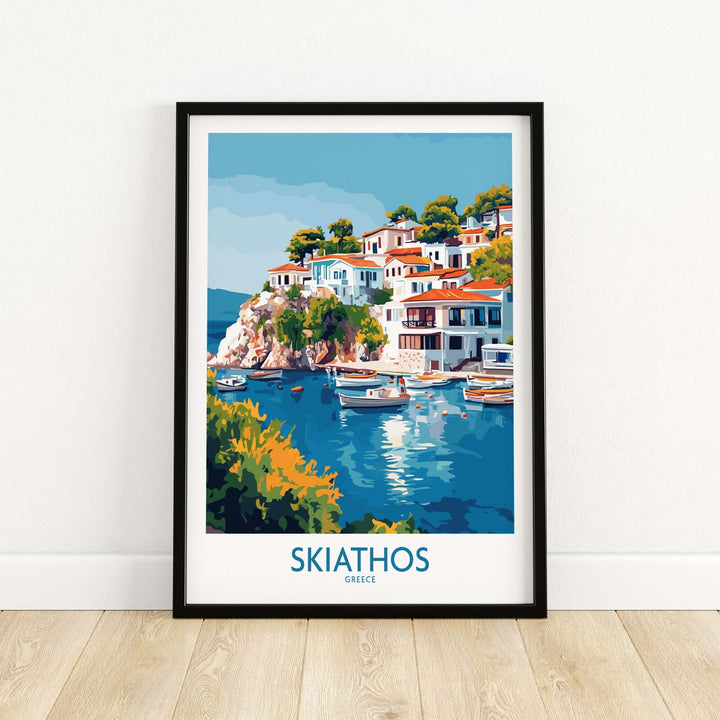 Skiathos Escape poster showcasing a vibrant coastal scene in Greece with boats and colorful buildings.