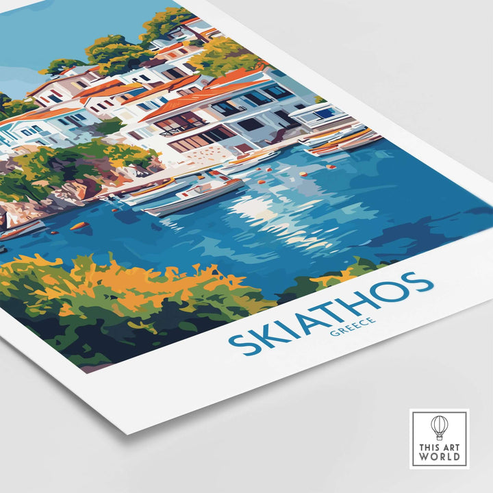 Skiathos Escape poster featuring vibrant coastal scenery and colorful houses in Greece.