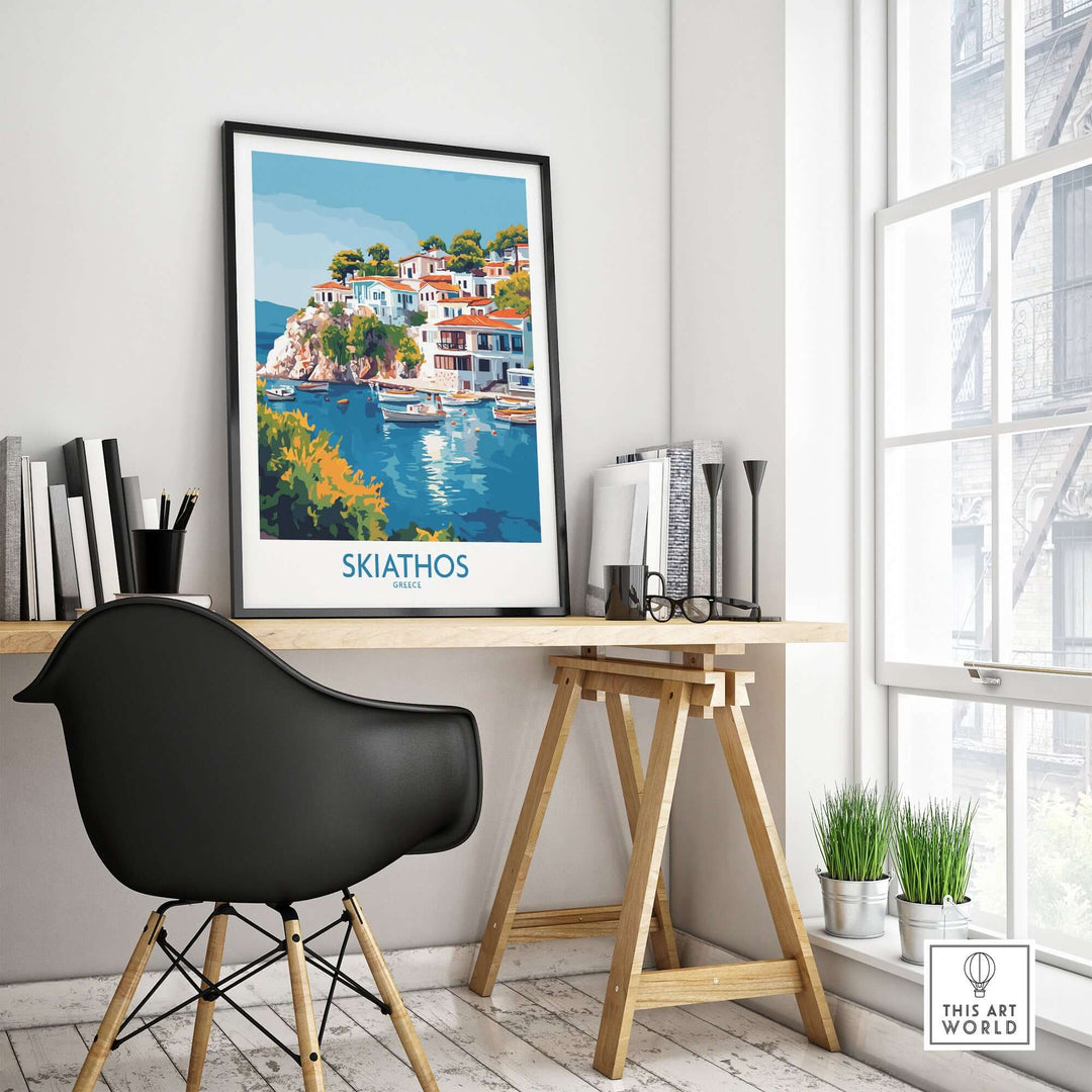 Skiathos Escape poster on a modern desk with stylish chair, showcasing beautiful Greece scenery.