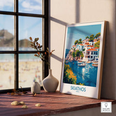 Skiathos Escape - Beautiful Greece Poster displayed in a stylish interior, showcasing stunning coastal views of Skiathos.