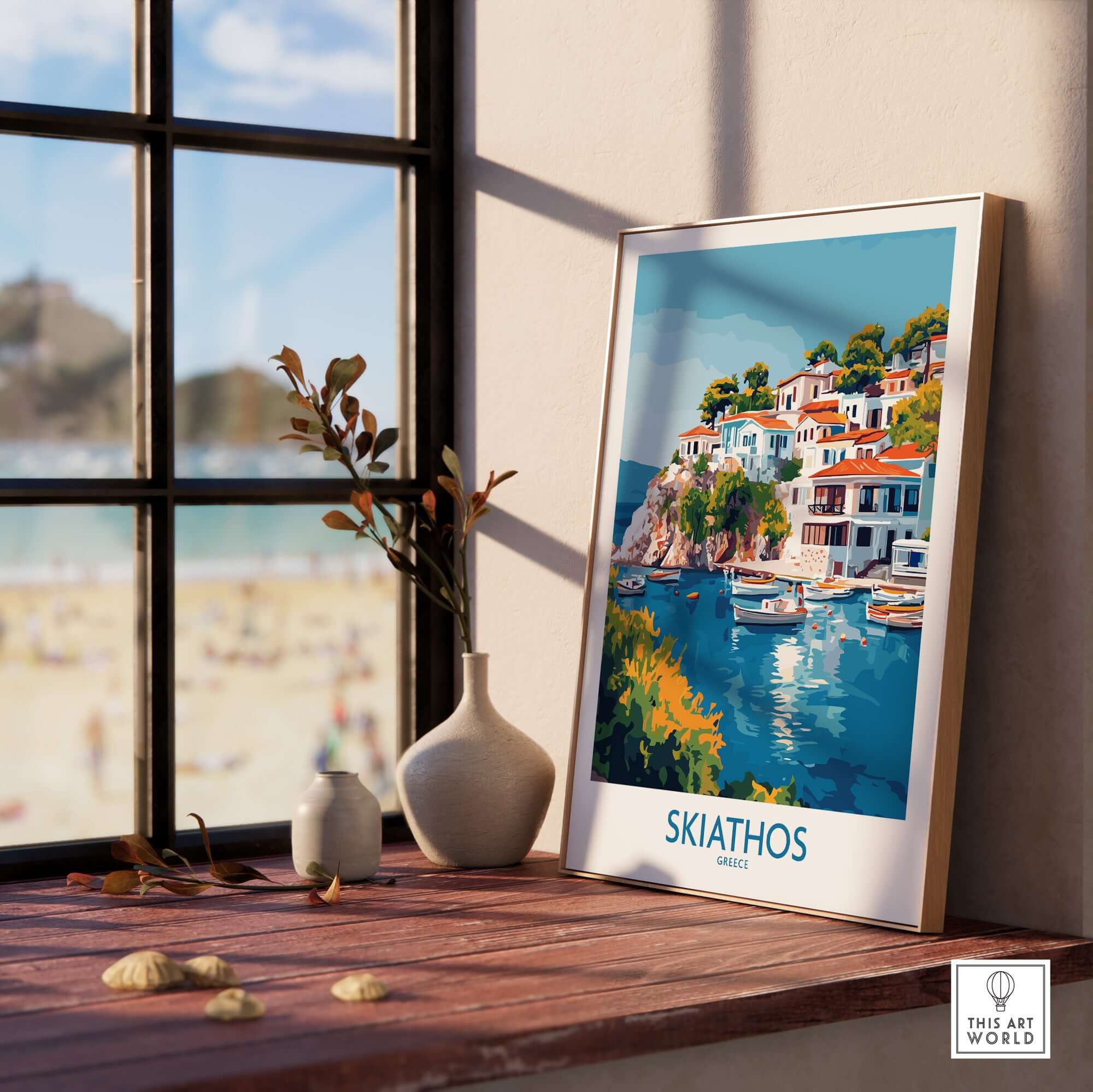 Skiathos Escape - Beautiful Greece Poster displayed in a stylish interior, showcasing stunning coastal views of Skiathos.