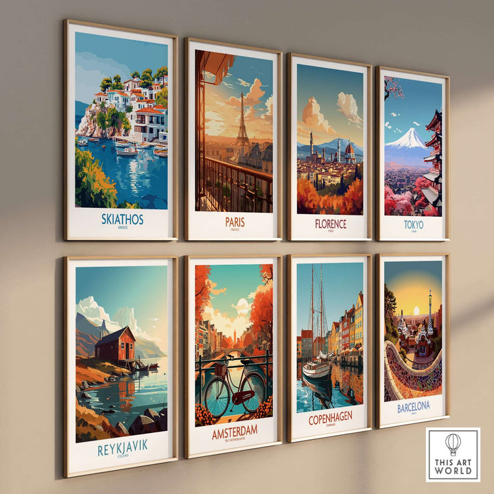 Gallery of vintage-style travel posters featuring Skiathos, Paris, Florence, Tokyo, Reykjavik, Amsterdam, Copenhagen, and Barcelona.