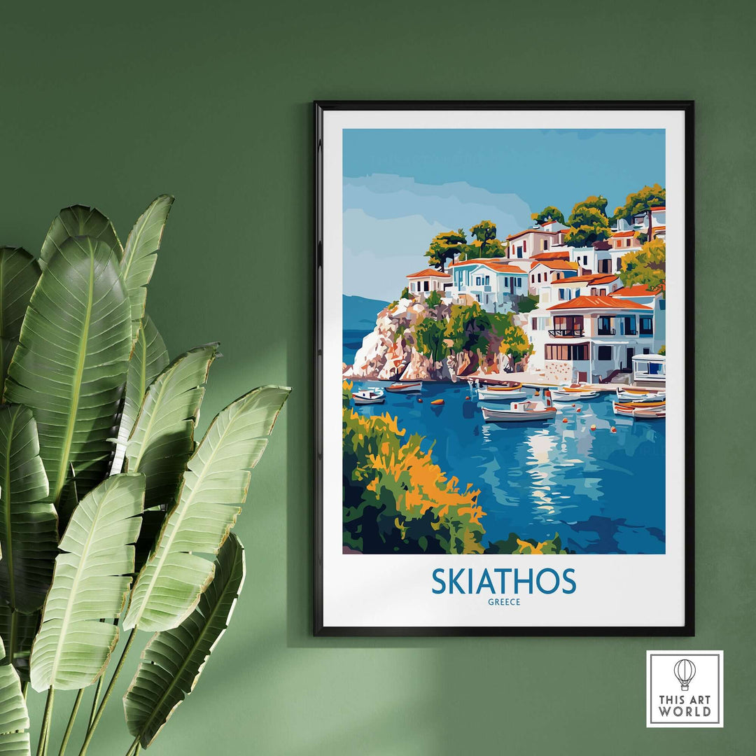 Skiathos Greece vintage-style poster featuring scenic coastal village and boats.