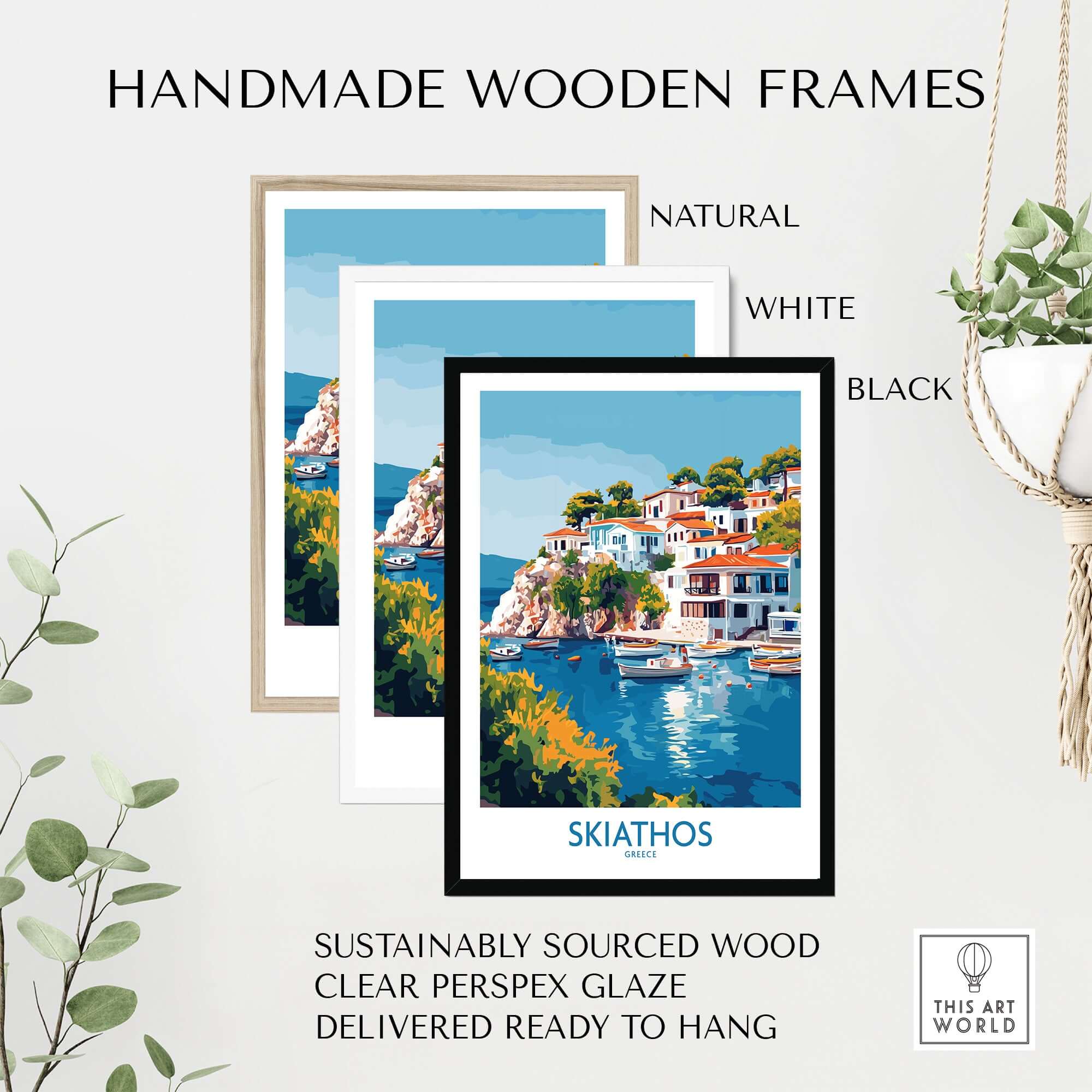 Skiathos Escape - Beautiful Greece Poster in handmade wooden frames: natural, white, and black.