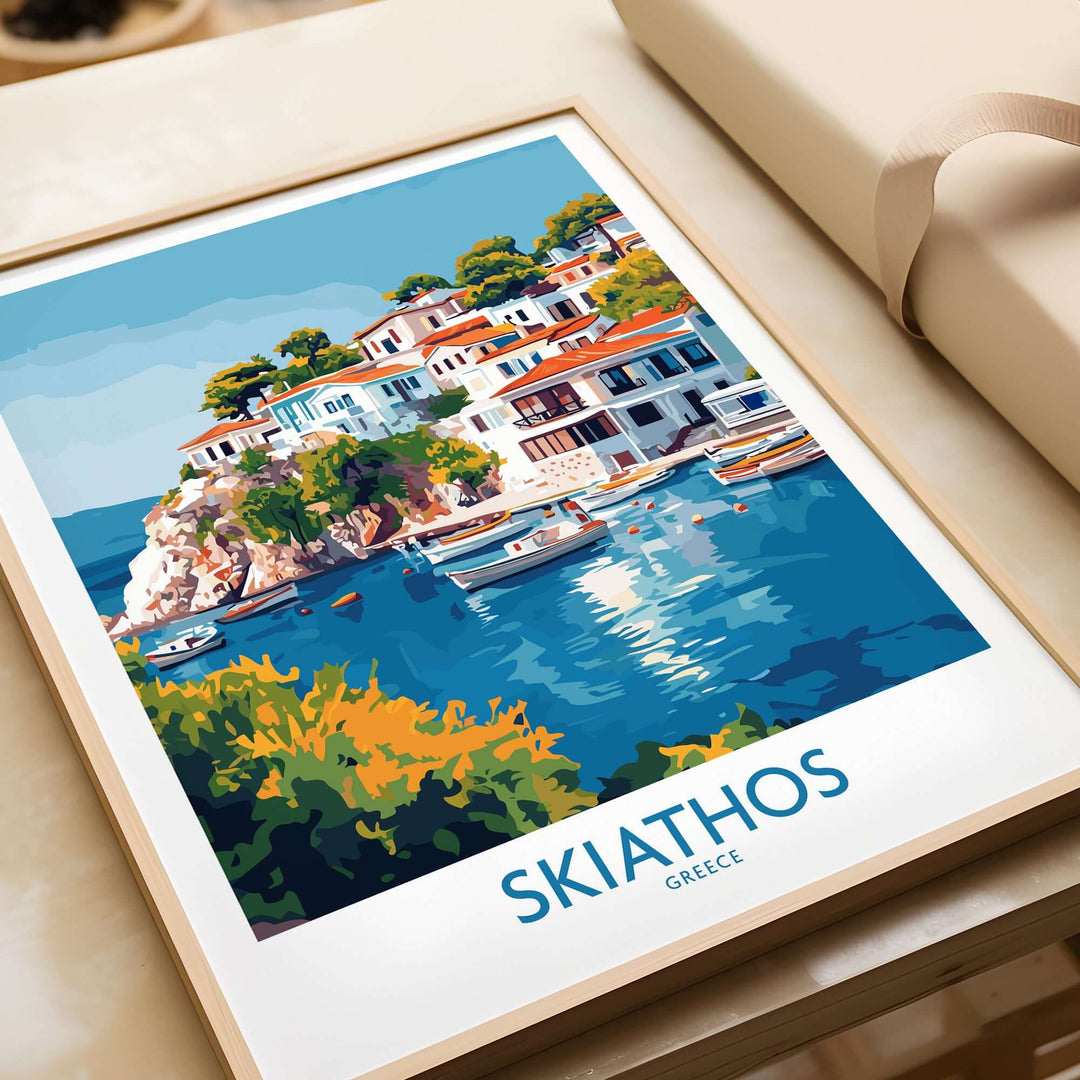 Skiathos Escape poster showcasing colorful Greek island, crystal waters, and charming architecture, ideal for home decor.