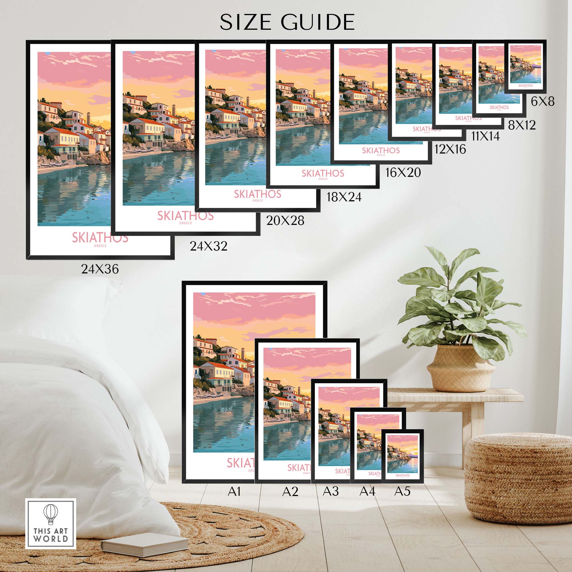 Skiathos Wall Art size guide showcasing various print sizes in a cozy home setting with plant decor.