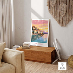 Skiathos wall art featuring a picturesque sunset over the coastal town in modern style, perfect for home decor.