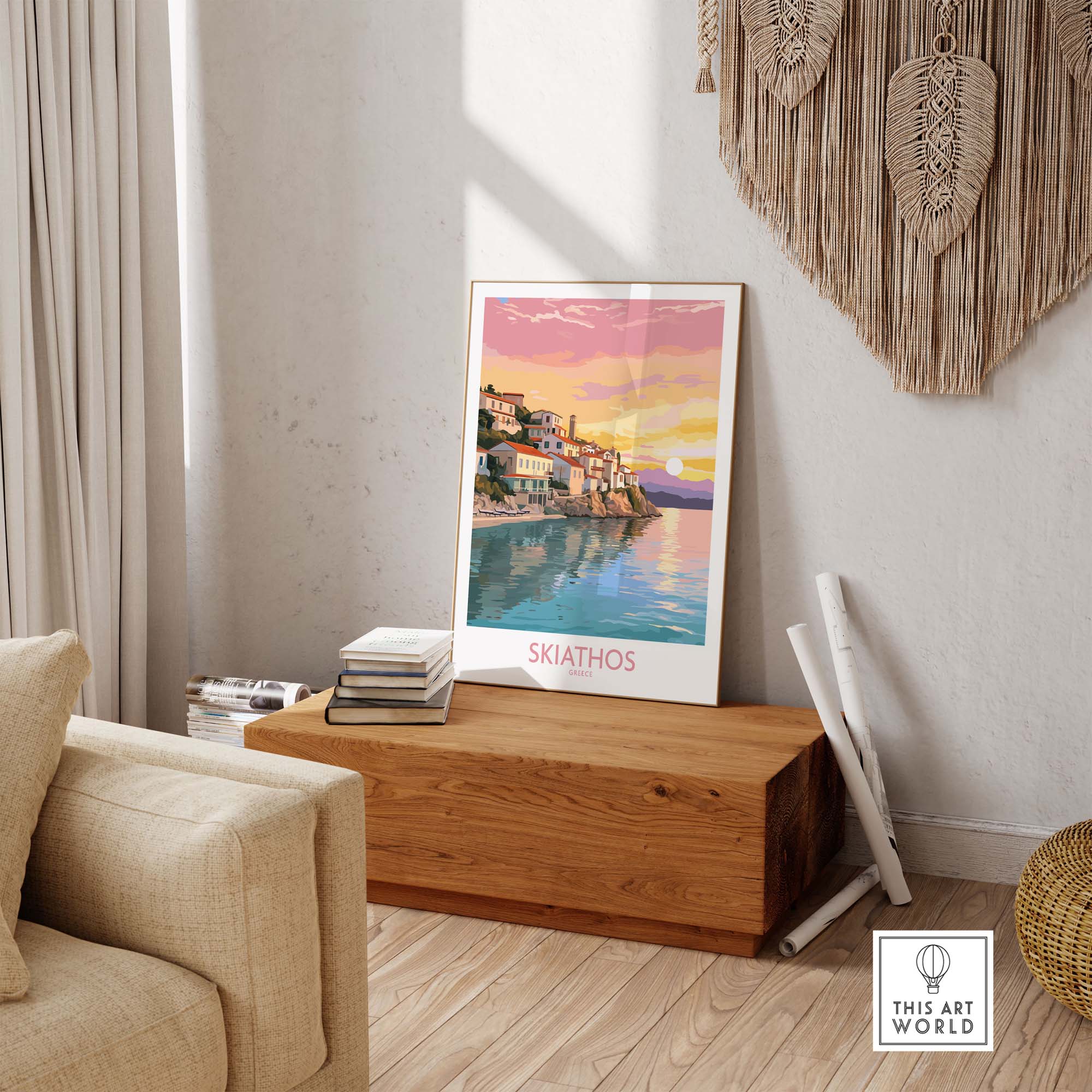 Skiathos wall art featuring a picturesque sunset over the coastal town in modern style, perfect for home decor.