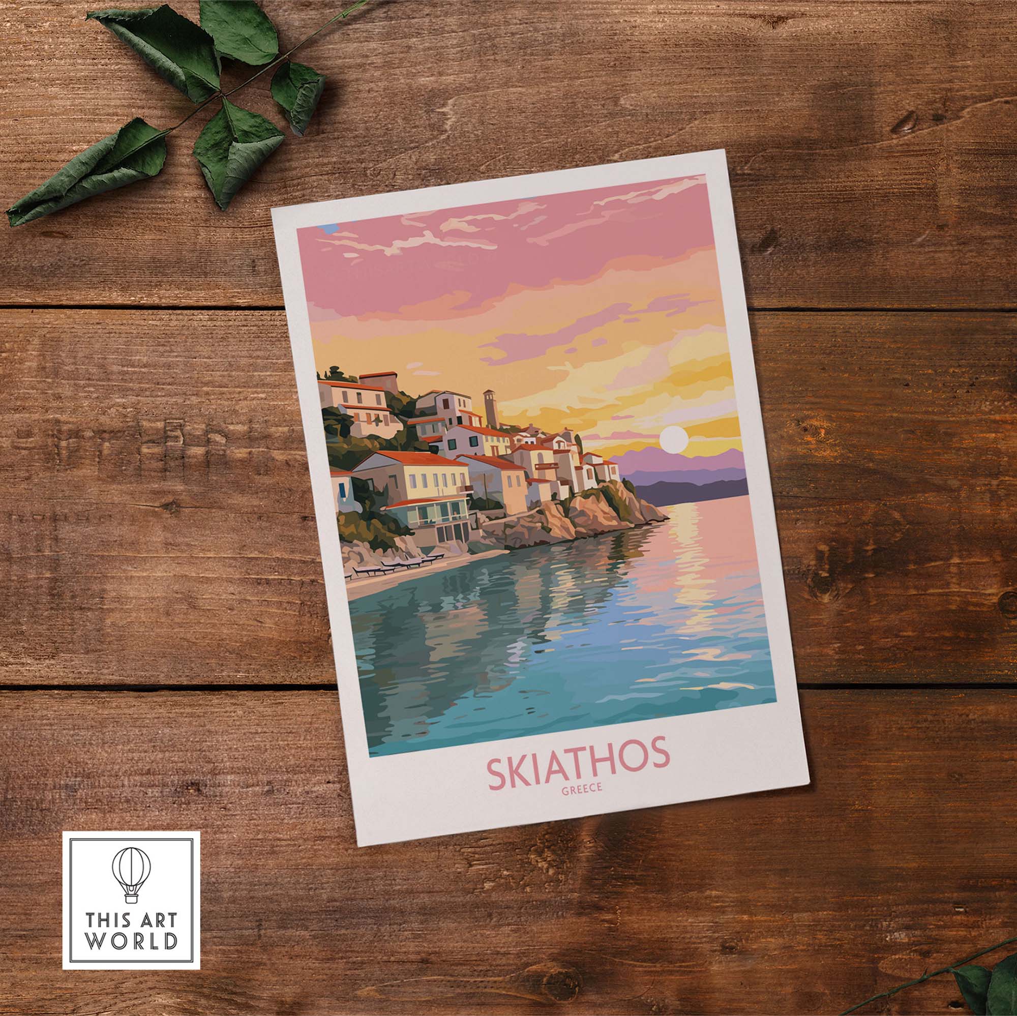 Skiathos Wall Art print showcasing a vibrant sunset over Greek coastal town, adding modern island charm to home decor.