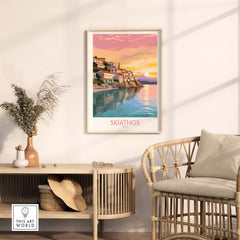 Modern Skiathos wall art print showcasing the picturesque coastal town at sunset, adding charm to home decor.