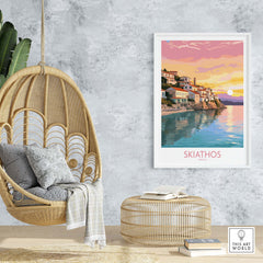 Skiathos wall art print in modern style featuring Aegean coastal town, adding island charm to home decor.