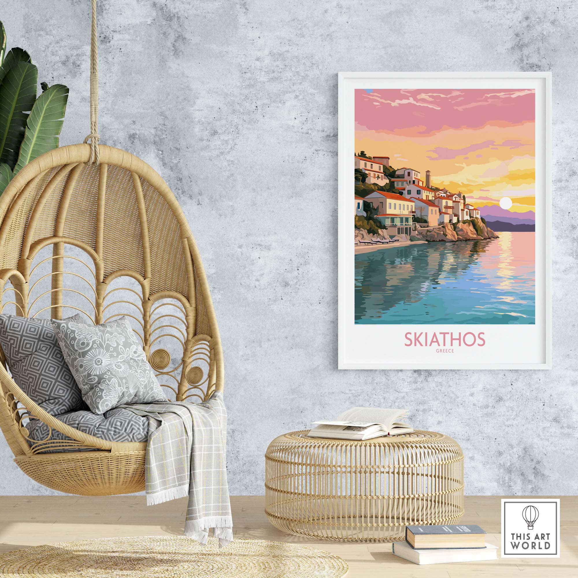 Skiathos wall art print in modern style featuring Aegean coastal town, adding island charm to home decor.
