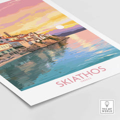 Modern Skiathos Wall Art print featuring colorful coastal scenery and sunset over the Aegean Sea.