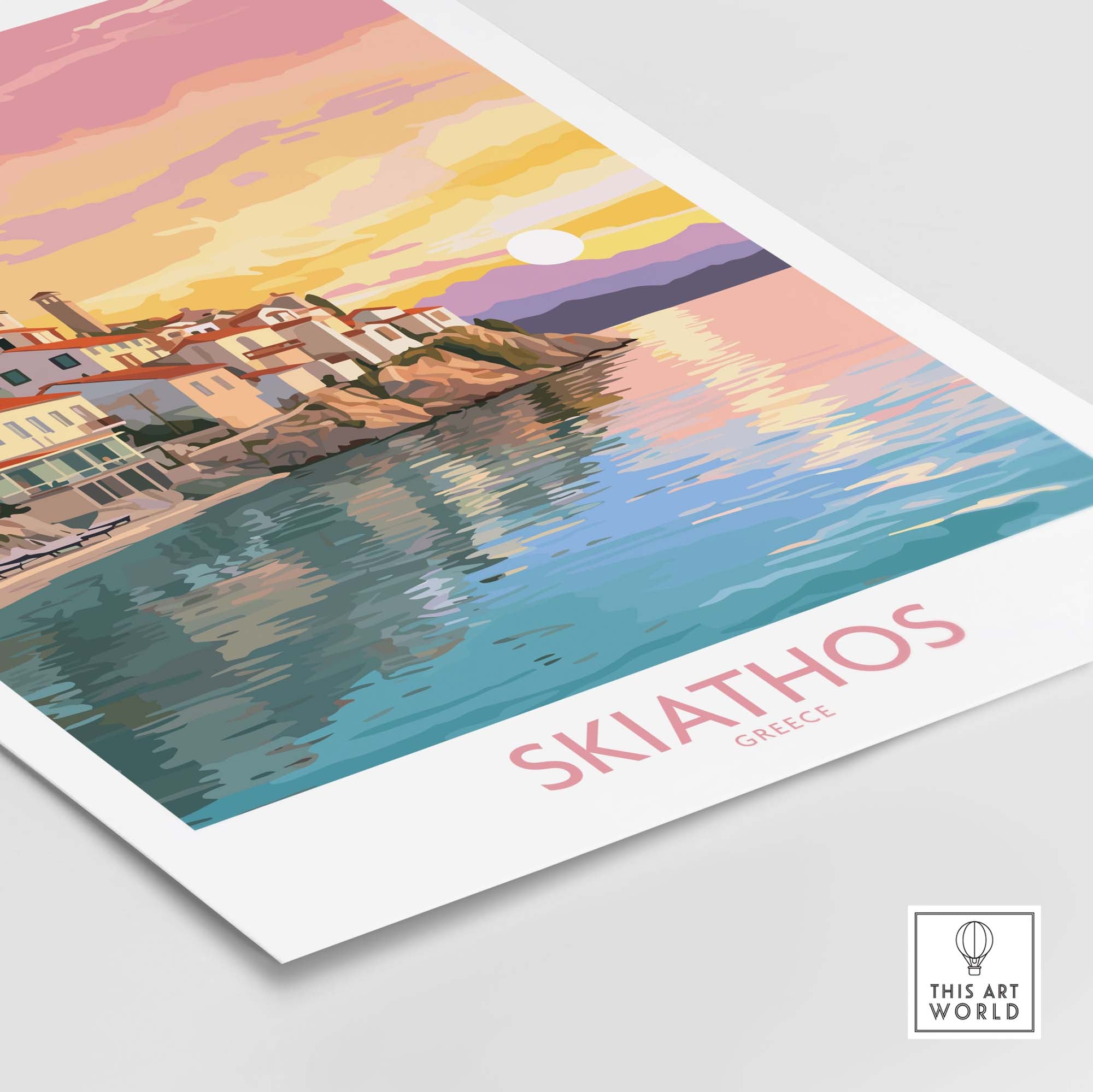 Modern Skiathos Wall Art print featuring colorful coastal scenery and sunset over the Aegean Sea.