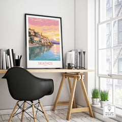 Skiathos Wall Art in a modern room showcasing Greek coastal sunset, perfect for home gallery decor.