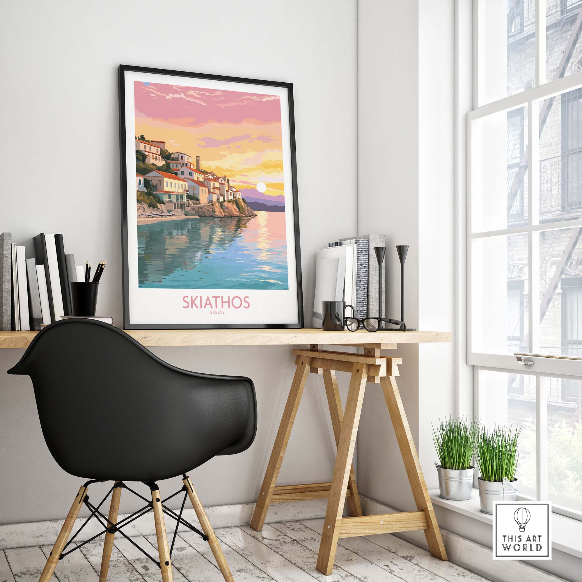 Skiathos Wall Art in a modern room showcasing Greek coastal sunset, perfect for home gallery decor.