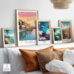 Framed Skiathos wall art print among travel-themed artwork showcasing vibrant coastal scenes and landscapes.
