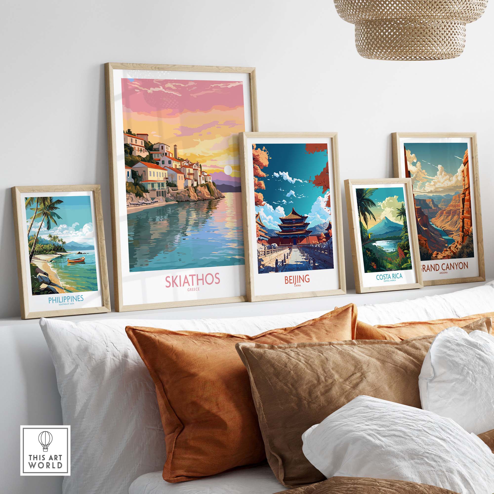 Framed Skiathos wall art print among travel-themed artwork showcasing vibrant coastal scenes and landscapes.