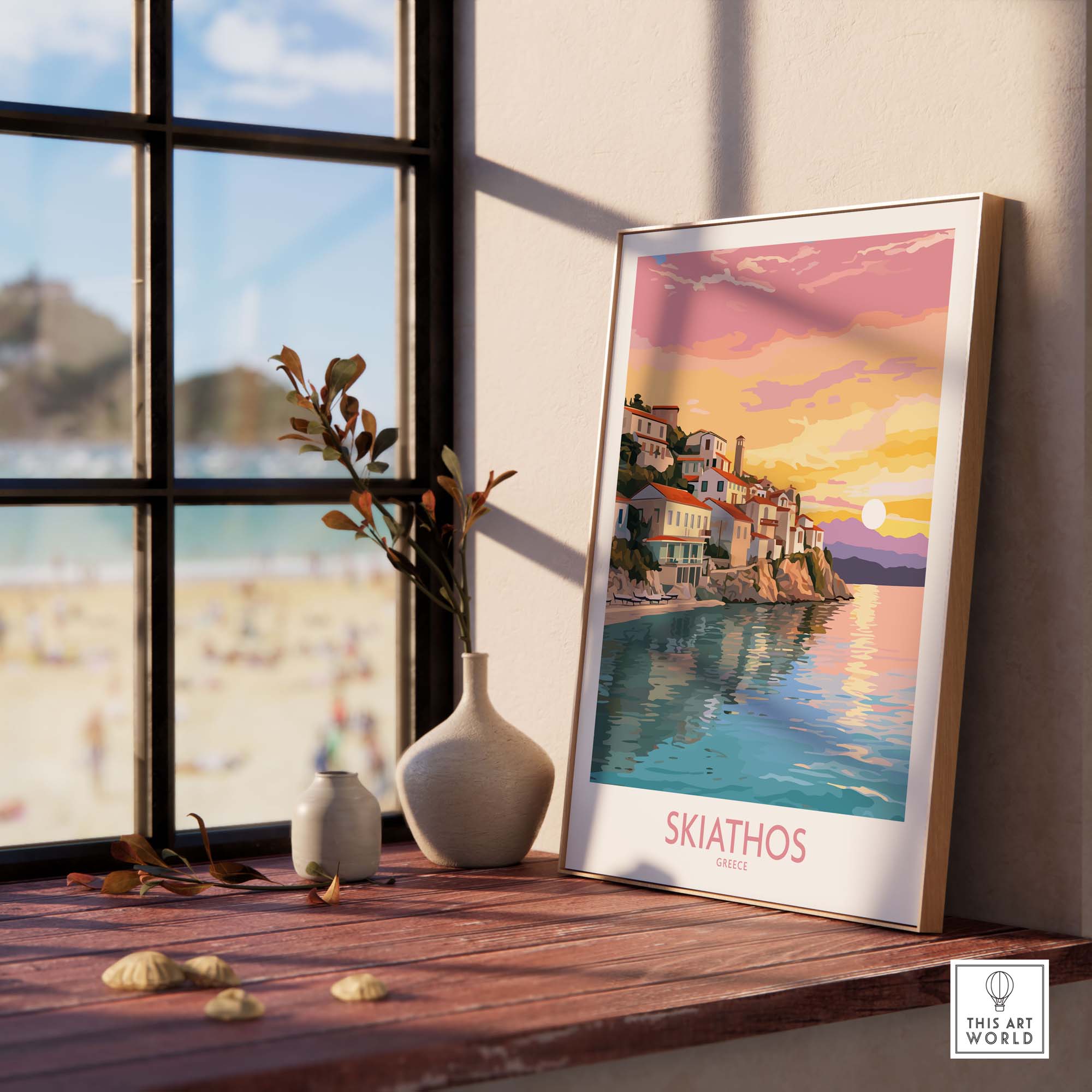 Skiathos Wall Art showcasing Mediterranean beauty, modern style decor for home and gallery.