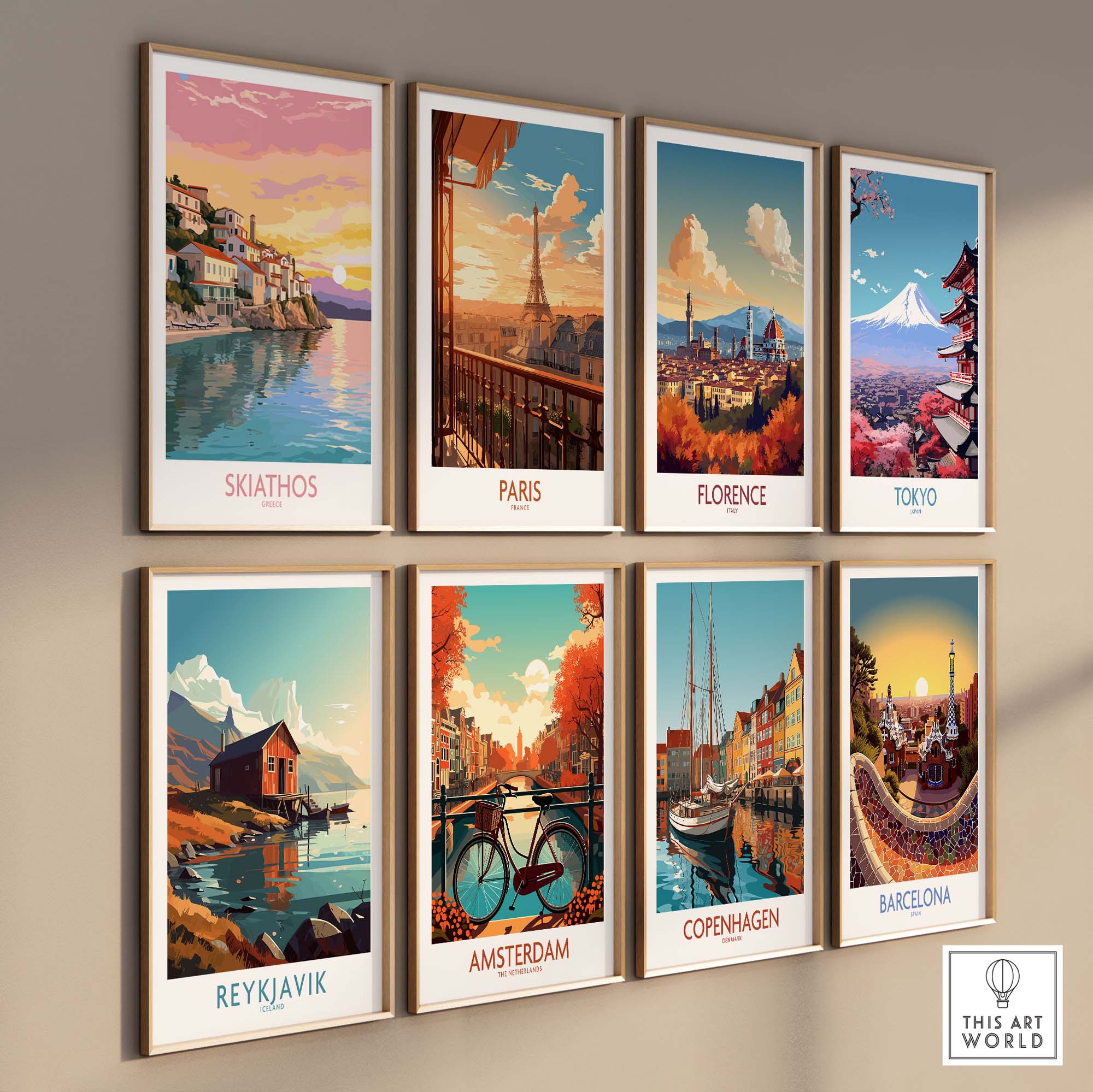 Collection of modern travel art prints featuring Skiathos, Paris, Florence, Tokyo, Reykjavik, Amsterdam, Copenhagen, and Barcelona.