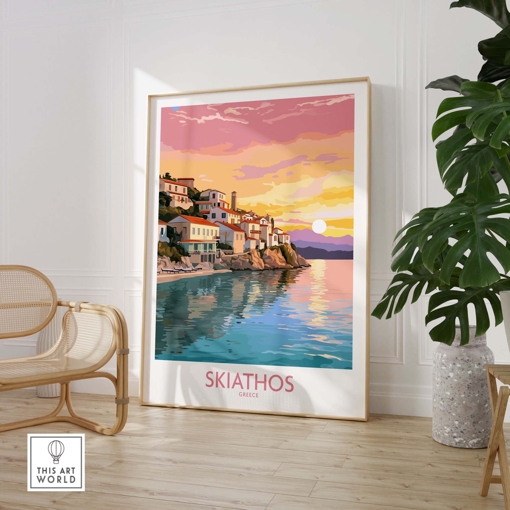 Skiathos wall art featuring a sunset over Greek coastal town, modern style decor for home