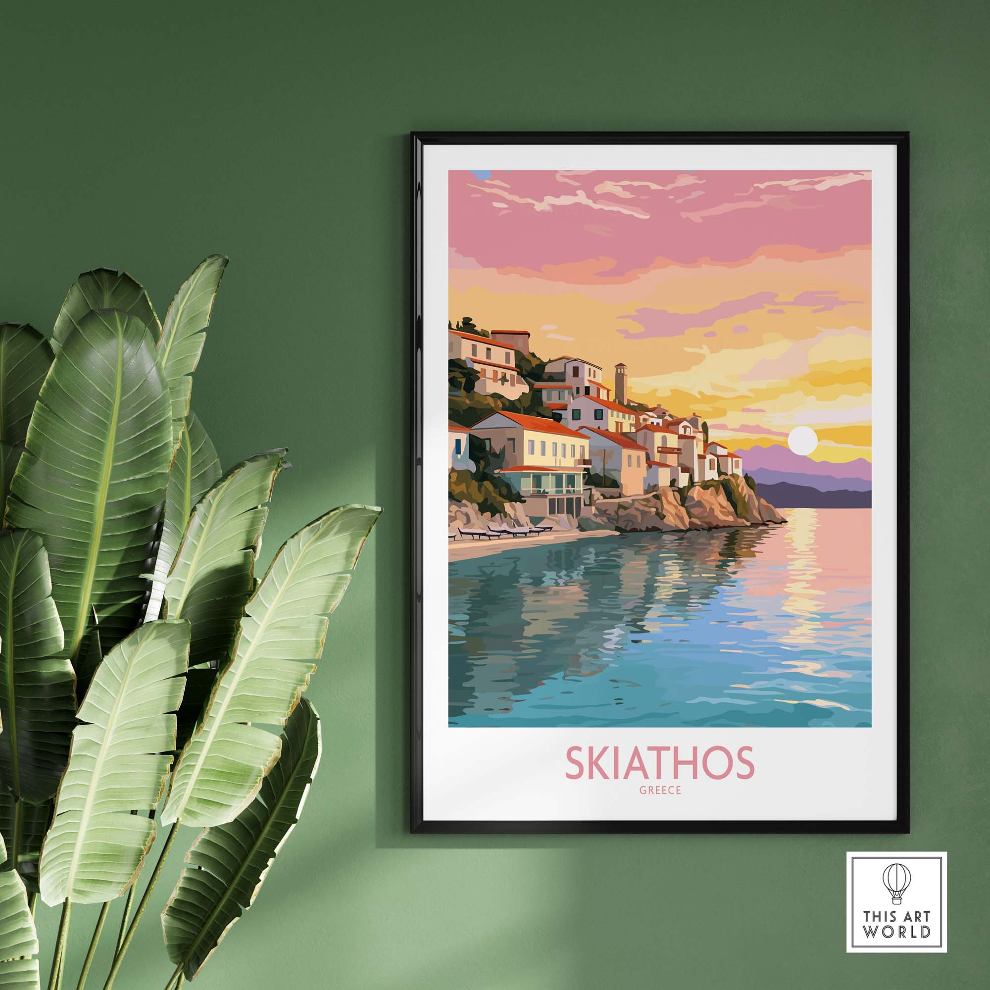 Beautiful Skiathos wall art print showcasing the colorful houses by the Aegean Sea with a serene sunset, perfect for modern home decor.