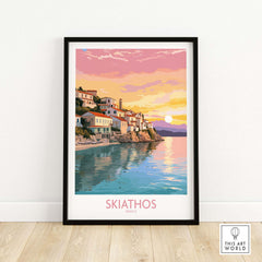 Colorful Skiathos wall art featuring a sunset over the Aegean Sea, framed for modern home decor.