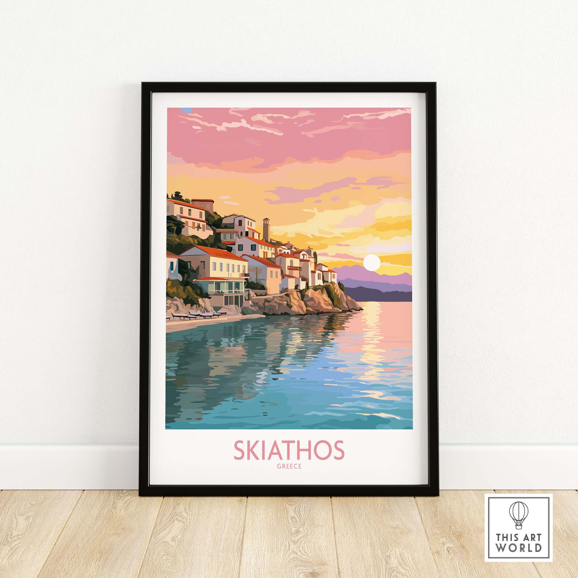 Colorful Skiathos wall art featuring a sunset over the Aegean Sea, framed for modern home decor.
