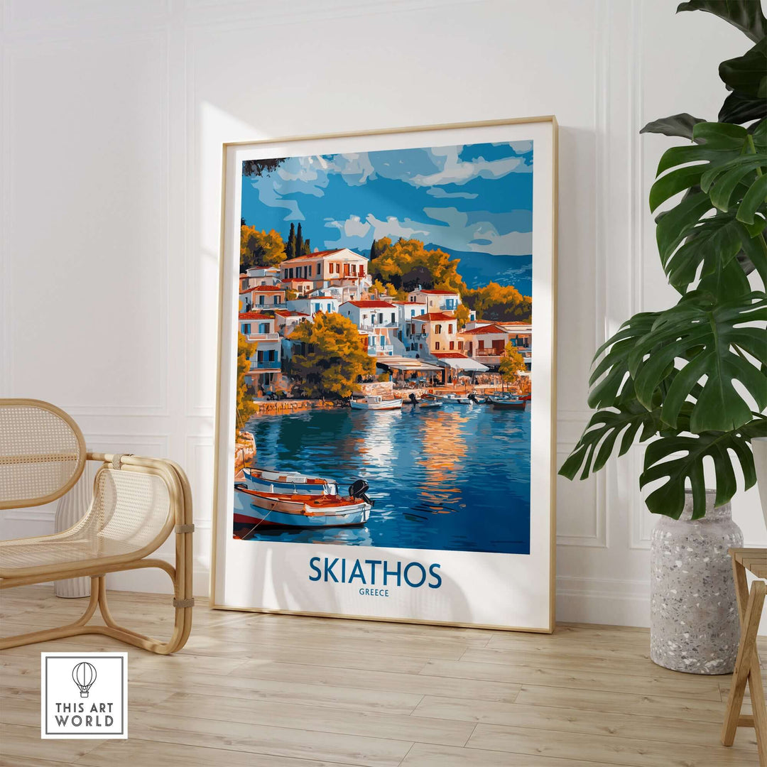 Skiathos wall art poster featuring vibrant Greek island scenery with colorful homes and a serene waterfront.